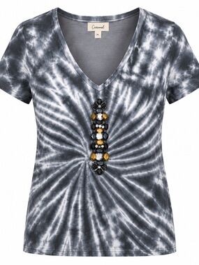 NWT Caramel Gray Tie-Dye V-Neck Short Sleeve Top with Center Jewel Detail PL